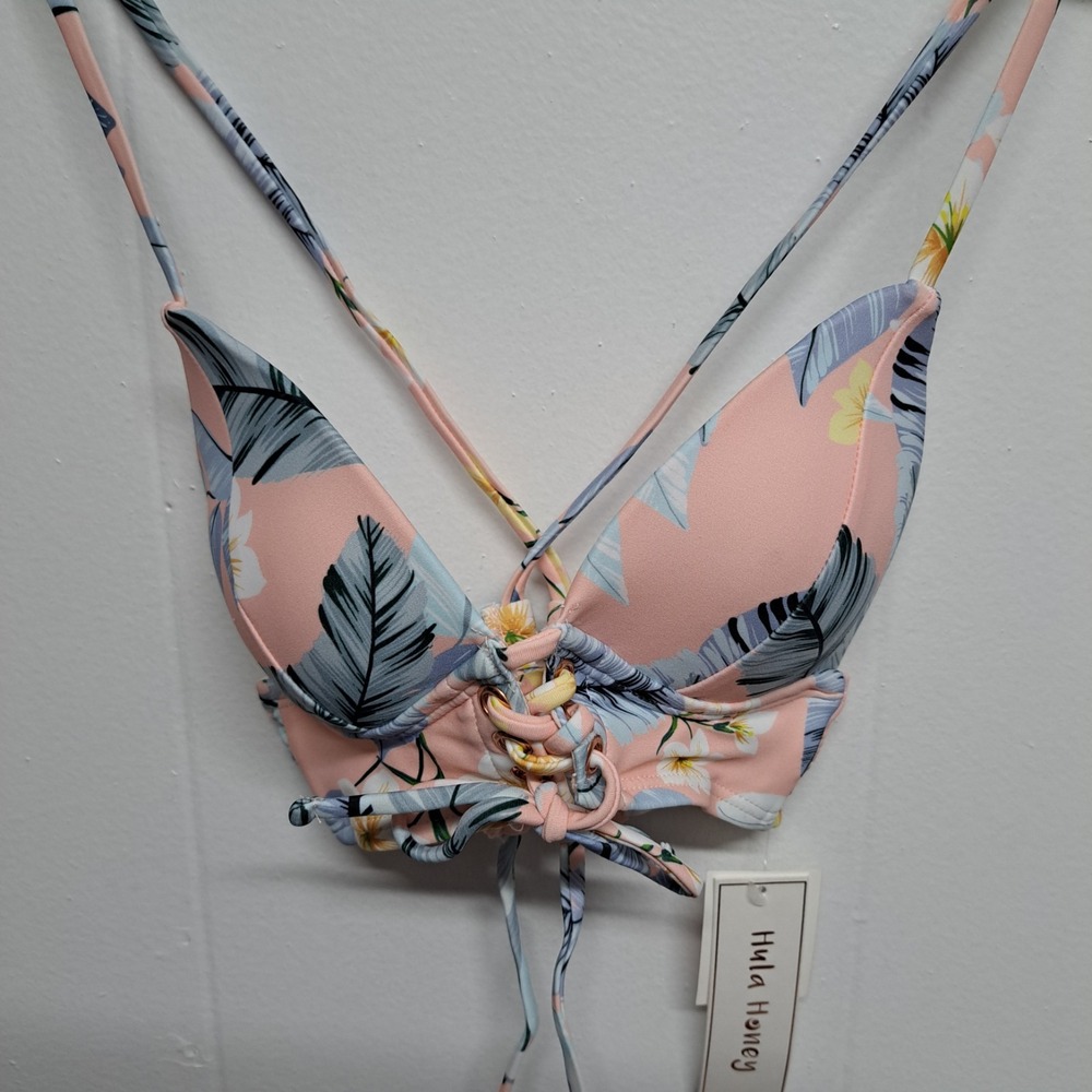 Hula Honey Swim Top XS Floral Lace-Up Pink Bikini Adjustable‎ Straps NWT